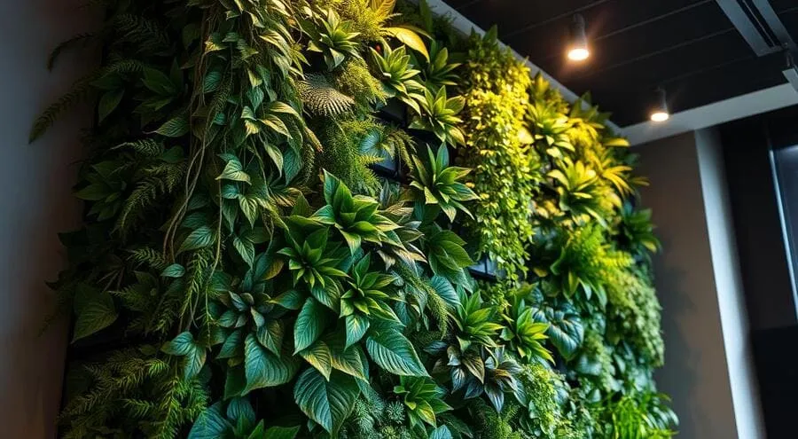 Jardim vertical artificial com diversas folhagens em parede interna.