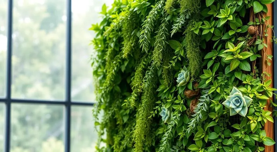 Jardim vertical artificial com plantas pendentes e suculentas