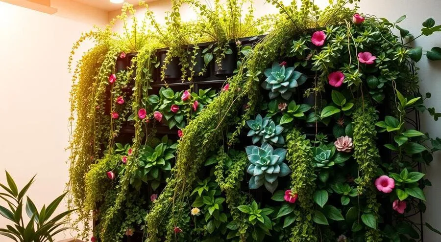 Jardim vertical artificial com plantas pendentes, suculentas e flores rosa.