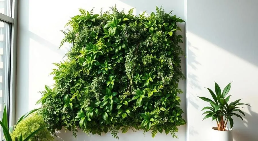 Jardim vertical artificial em parede branca com plantas pendentes e vaso ao lado.