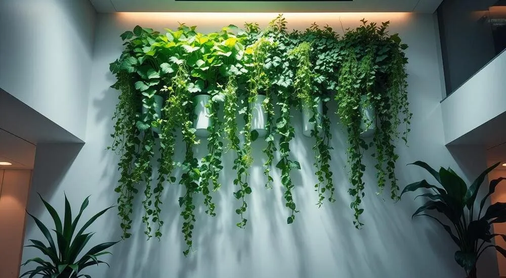 Jardim vertical com plantas trepadeiras e folhagens variadas em vasos brancos, em parede branca com iluminação interna