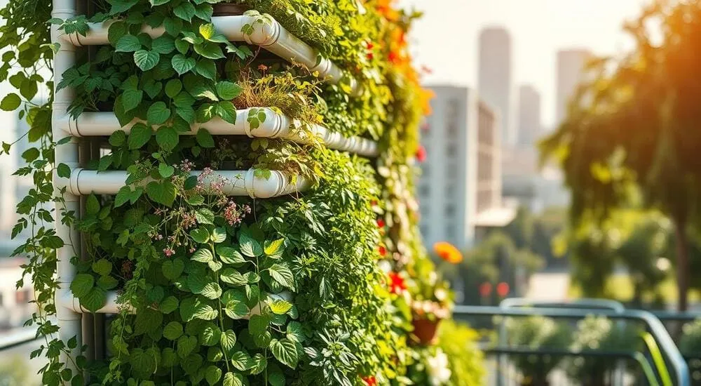 Jardim vertical em estrutura de tubos brancos com plantas verdes, flores vermelhas e edifícios ao fundo
