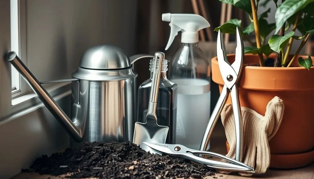 Kit básico de jardinagem para cuidar de plantas de interior incluindo regador, borrifador, pá, tesoura e luvas