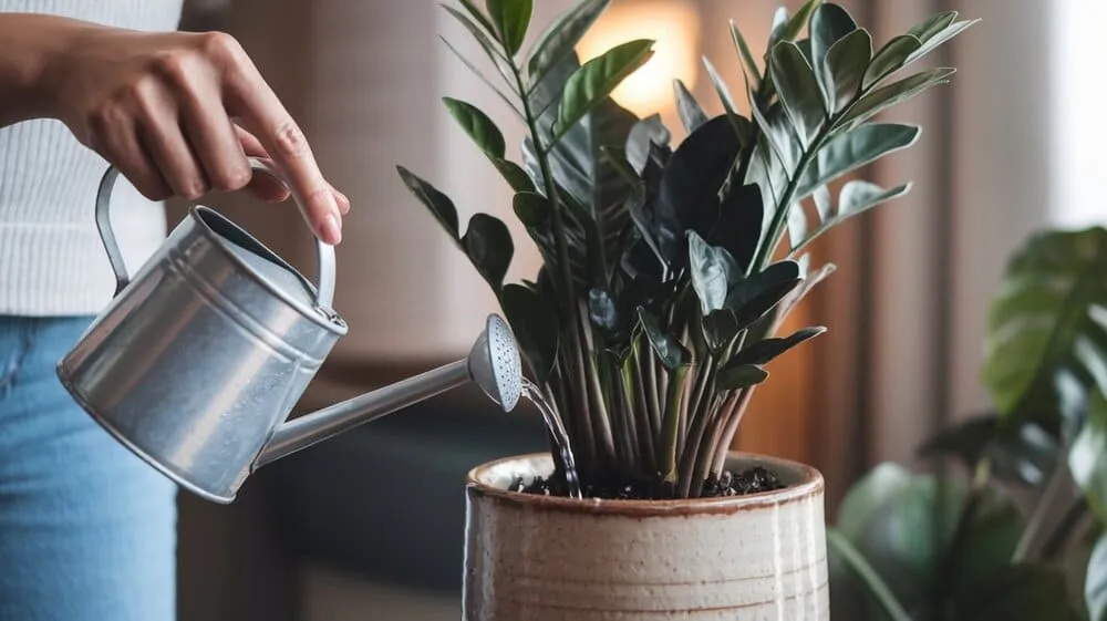 Mão feminina regando uma zamioculca em um vaso de cerâmica, com gotas de água brilhando nas folhas.