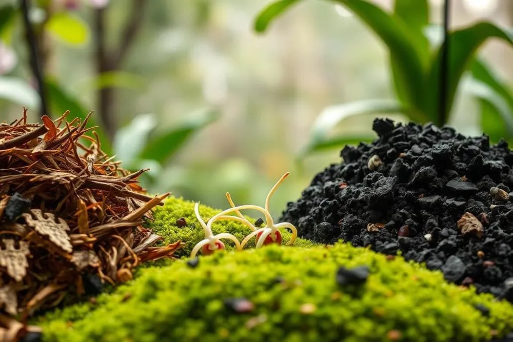 Musgo verde, casca de árvore marrom e terra preta em close-up. Como Cuidar de Orquídeas