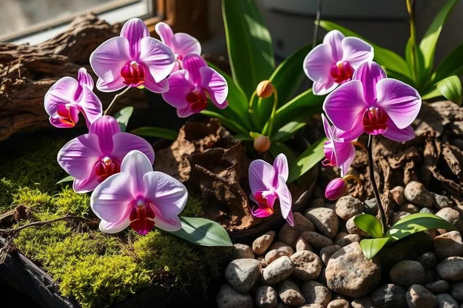Orquídeas rosa e brancas, pedras, musgo e madeira em arranjo decorativo. Como Cuidar de Orquídeas