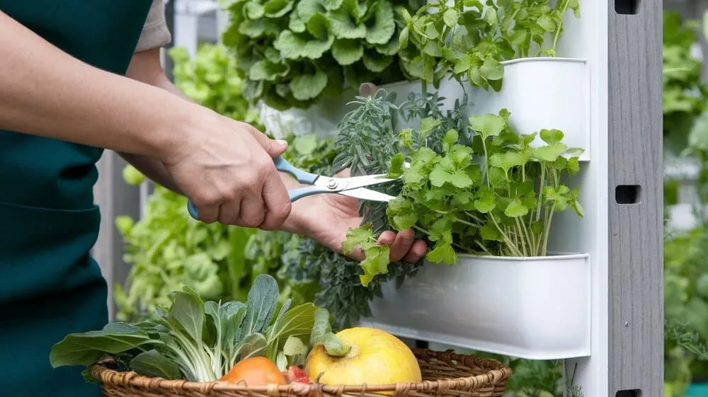 Pessoa colhendo ervas e vegetais frescos de uma horta vertical com tesoura.