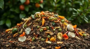 Pilha de composto orgânico com restos de alimentos e cascas de ovo