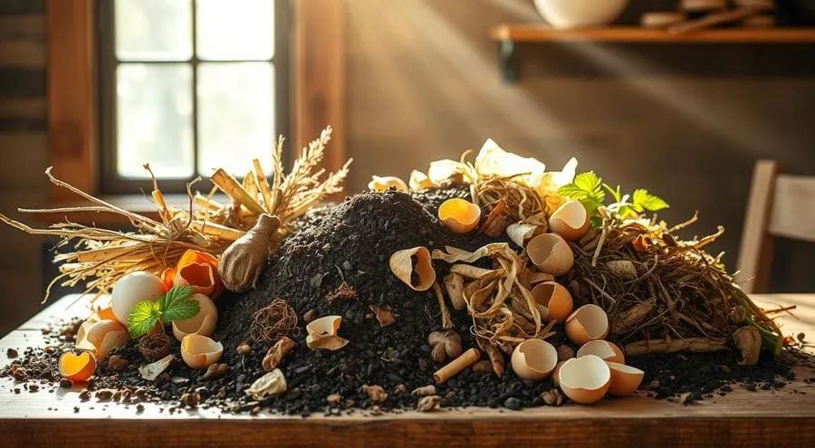 Pilha de composto orgânico com restos de alimentos e cascas de ovo em mesa de madeira.