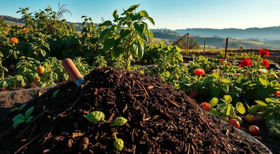 Pilha de composto orgânico em horta com vegetação e montanhas ao fundo