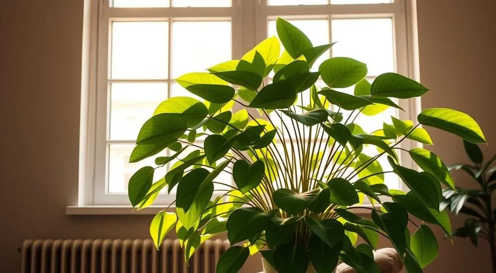 Planta com folhas grandes e verdes em vaso branco, com luz solar filtrada pela janela ao fundo.