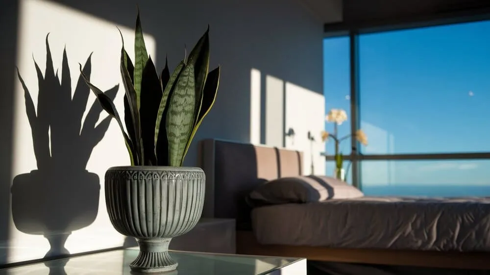 Quarto minimalista com espada-de-são-jorge em vaso elegante, iluminado pela luz suave da manhã.