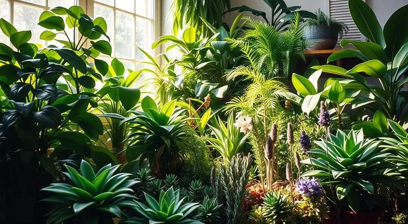 Sala com janelas grandes, diversas plantas em vasos, incluindo suculentas e plantas pendentes, sob luz natural.