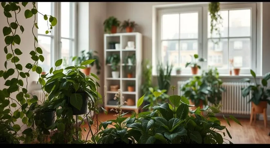 Sala com muitas plantas em vasos e prateleiras brancas.