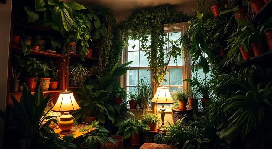 Sala com muitas plantas, estantes e luz de abajur.