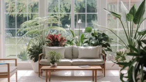 Sala de estar ampla e iluminada com diversas plantas de interior, criando um ambiente relaxante e acolhedor.