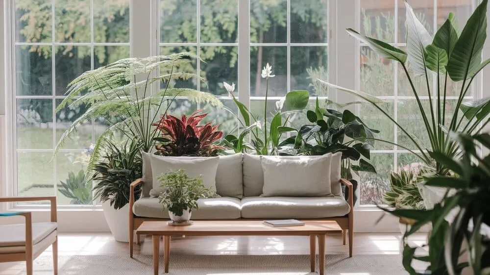 Sala de estar ampla e iluminada com diversas plantas de interior, criando um ambiente relaxante e acolhedor.