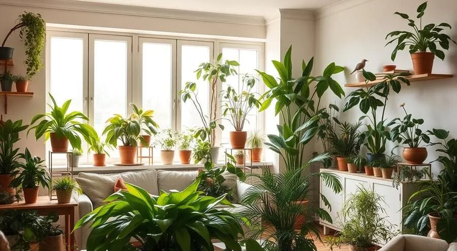 Sala de estar com muitas plantas em vasos e prateleiras.