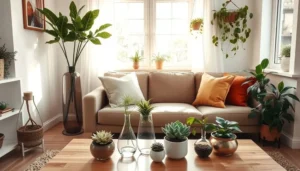 Sala de estar decorada com diversas plantas fáceis de cuidar como zamioculca, suculentas, pothos e espada-de-são-jorge