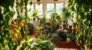 Sala ensolarada com muitas plantas em vasos e penduradas.