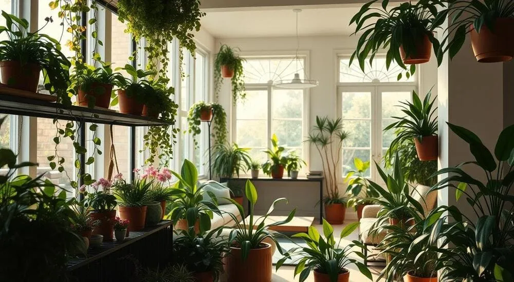 Sala ensolarada com plantas em vasos e penduradas, com destaque para a vegetação exuberante e luz natural.