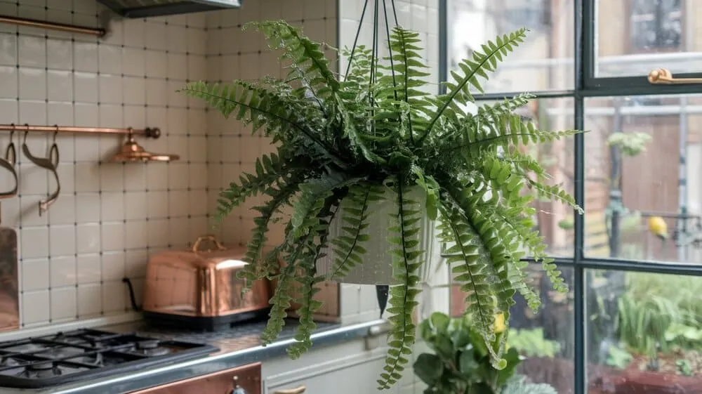 Samambaia exuberante pendurada em vaso de cerâmica branca, com gotas de água brilhando nas folhas
