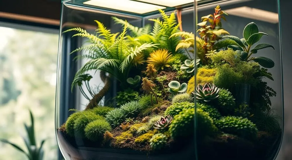 Terrário de vidro com diversas plantas em miniatura, iluminado por luz artificial.