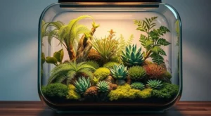 errário de vidro com diversas plantas em miniatura, incluindo suculentas e samambaias.