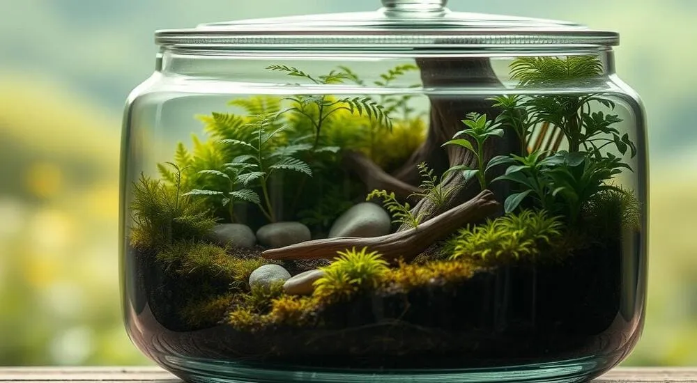 Terrário de vidro em formato de pote com tampa, contendo diversas plantas em miniatura, pedras e madeira.