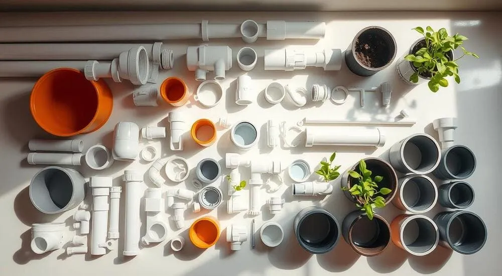 Tubos e conexões de PVC brancos e cinzas, vasos de plantas verdes, dispostos em superfície branca.