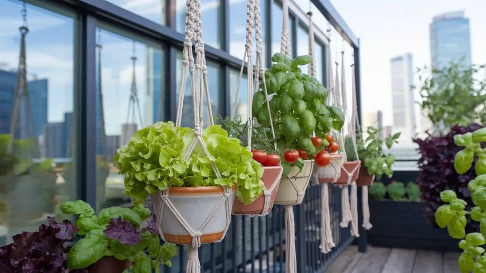 Uma horta vertical suspensa em uma varanda, com vasos de cerâmica pendurados em cordas de macramê. 