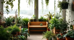 Varanda com muitas plantas em vasos e banco de madeira.