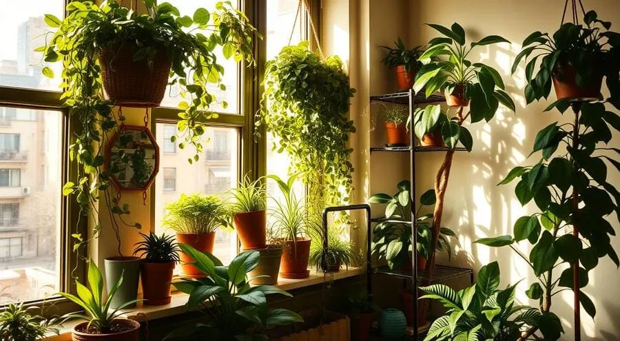 Varanda com muitas plantas em vasos e penduradas, com vista para prédios.