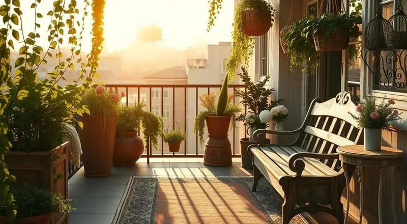 Varanda com plantas, banco de madeira e vista para a cidade ao nascer do sol.