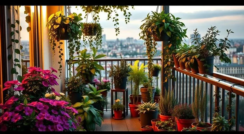Varanda com plantas pendentes, flores coloridas, vasos de terracota e vista para prédios e paisagem urbana.