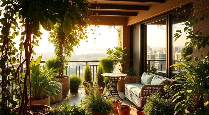 Varanda com plantas variadas, móveis de vime, mesa de centro e vista para prédios e paisagem urbana.