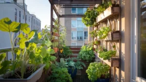 Varanda de apartamento transformada em jardim vertical com diferentes tipos de plantas e estruturas.