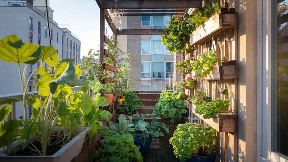 Varanda de apartamento transformada em jardim vertical com diferentes tipos de plantas e estruturas.