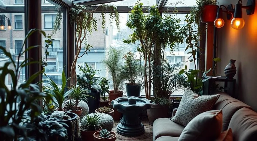 Varanda interna com plantas, fonte e sofá aconchegante.