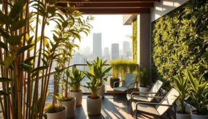 Varanda urbana com plantas que reduzem o barulho, como bambu e cheflera, criando um ambiente tranquilo