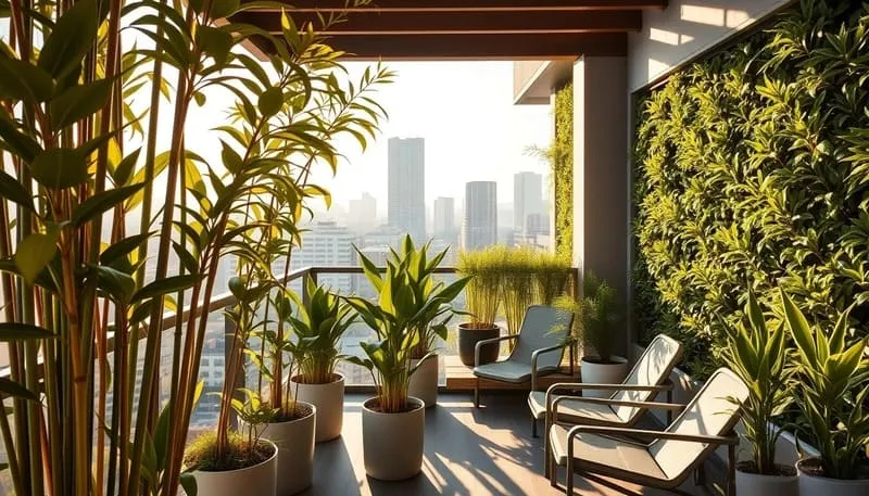 Varanda urbana com plantas que reduzem o barulho, como bambu e cheflera, criando um ambiente tranquilo